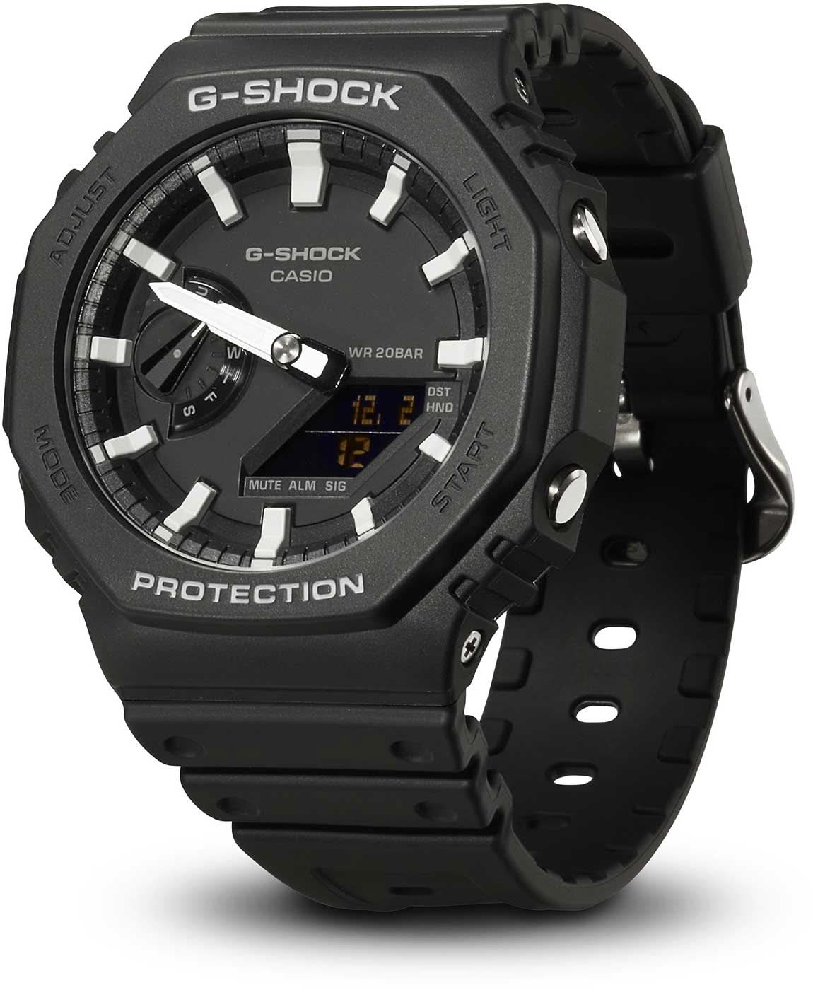 Casio G-Shock herrklocka, frontvy: svart urtavla, skyddsram, knappar på sidan