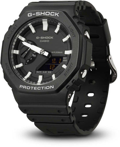Casio G-Shock herrklocka, frontvy: svart urtavla, skyddsram, knappar på sidan