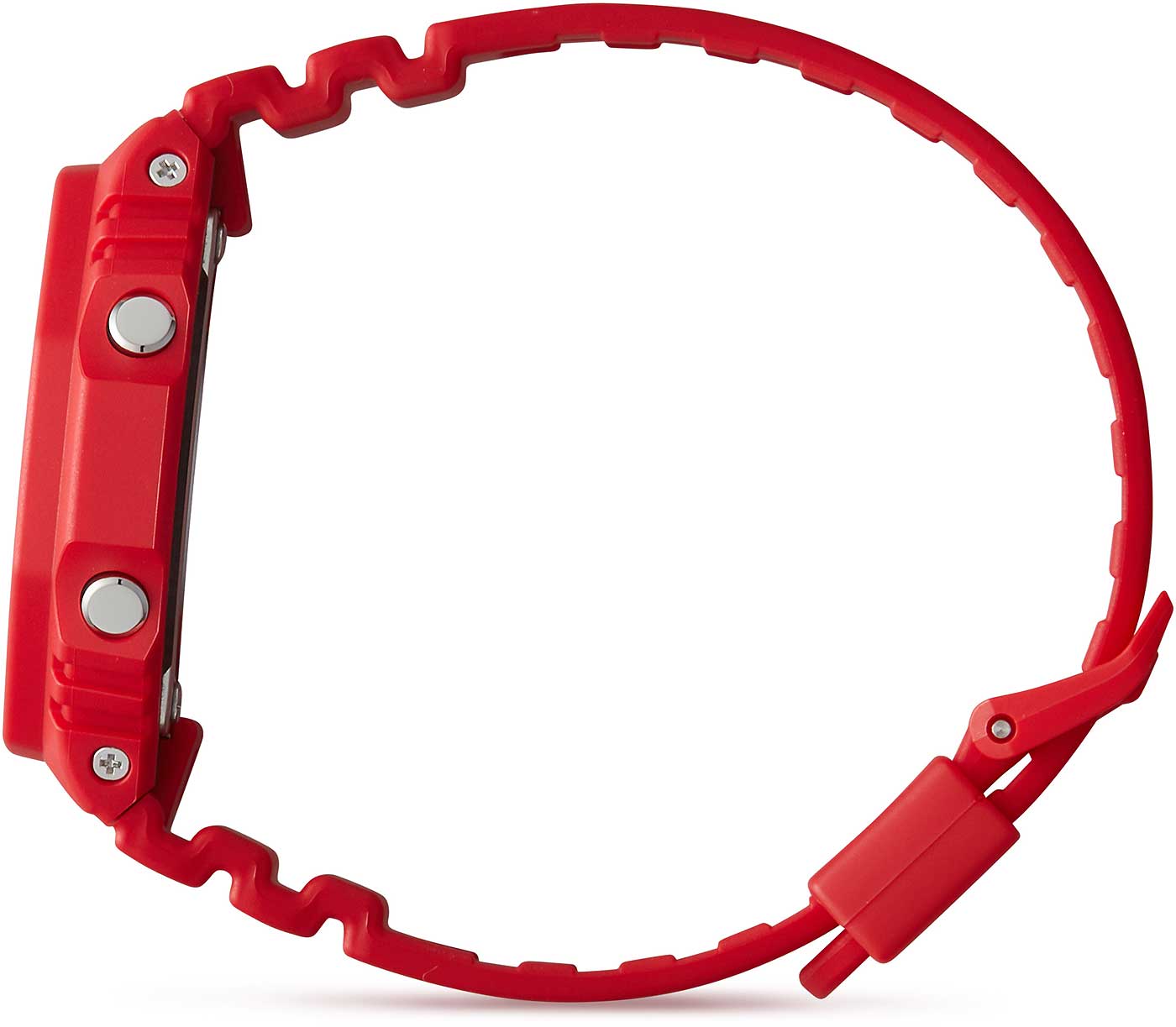 Röd herrklocka: rund boett och räfflat silikonarmband med spänne