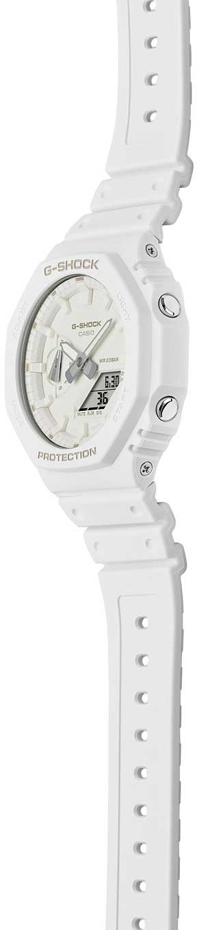 Casio G-Shock herrklocka med vit urtavla, indexmarkeringar och vitt armband
