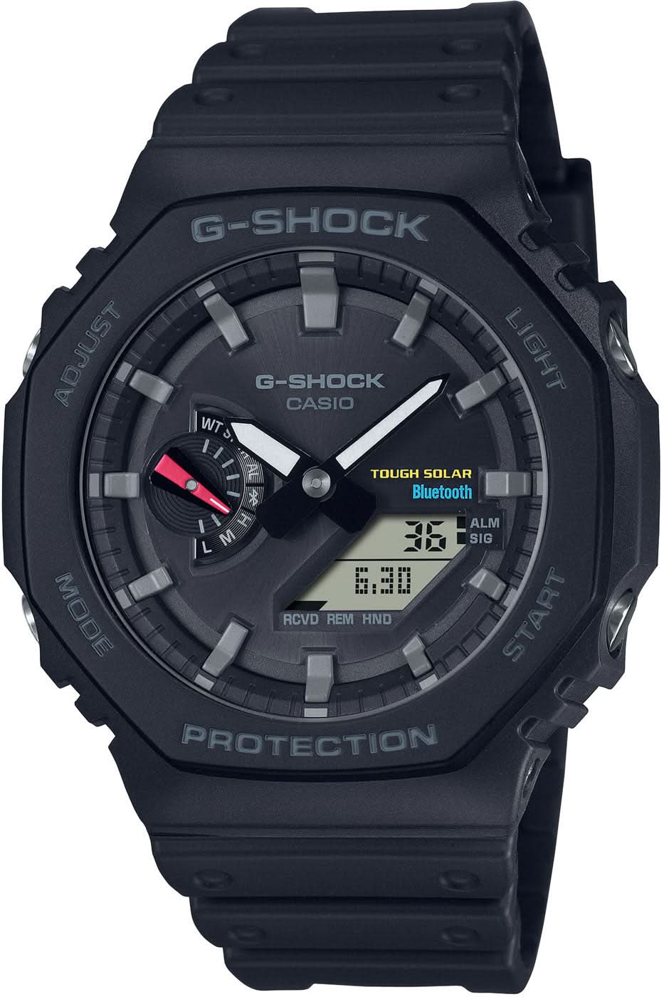 Svart herrklocka med svart gummiband, analog display, Bluetooth och Tough Solar