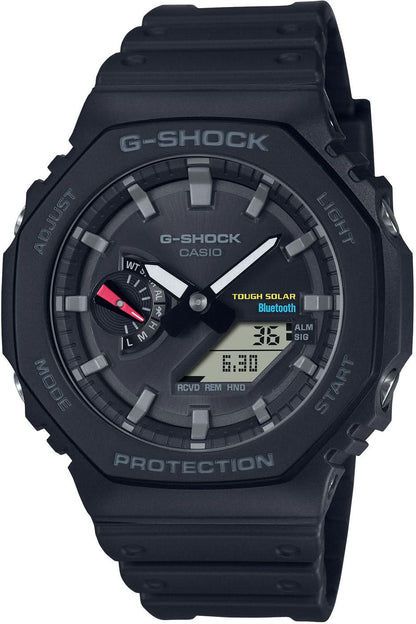 Svart herrklocka med svart gummiband, analog display, Bluetooth och Tough Solar
