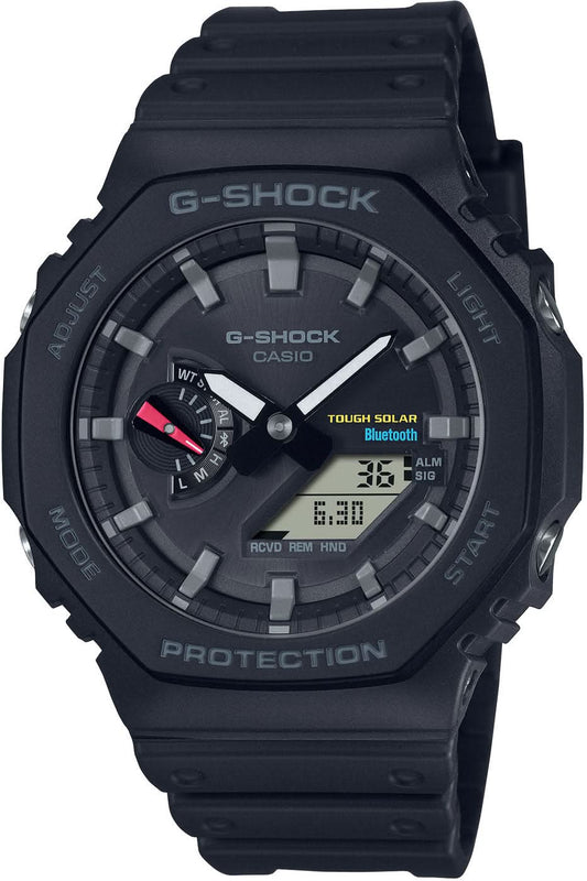Svart herrklocka med svart gummiband, analog display, Bluetooth och Tough Solar