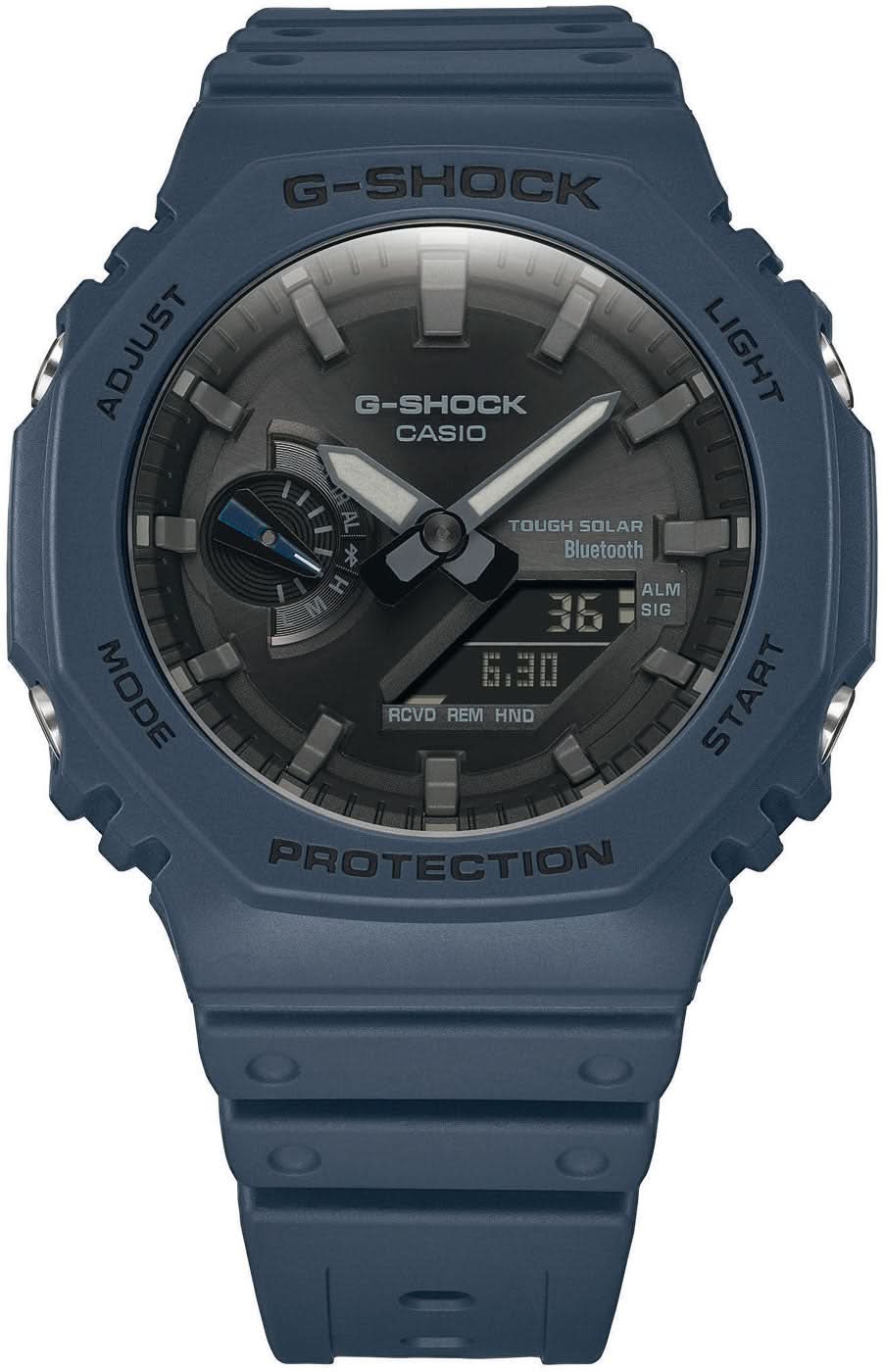 Casio G-Shock herrklocka med blå boett, mörk urtavla och silikonarmband