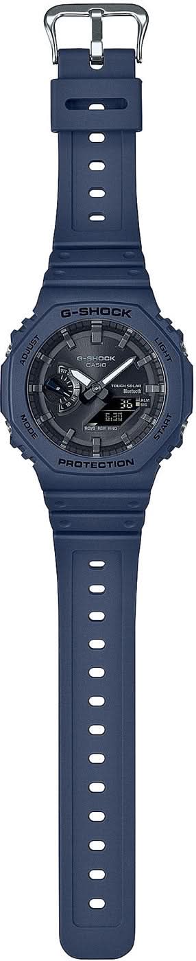 Casio G-Shock herrklocka med blått silikonarmband, fram- och sidovy