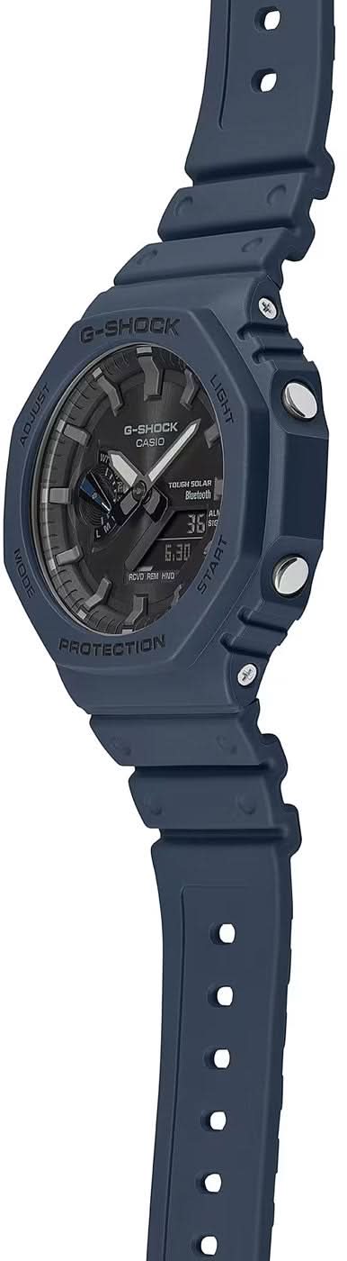 G-Shock herrklocka med blått silikonarmband, sidovy med boett och krona