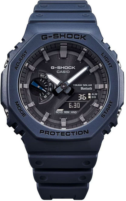 Casio G-Shock herrklocka med blått hölje, mörk urtavla och silikonarmband