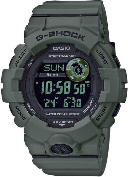 Digital herrklocka med grönt gummiband och rund display, G-SHOCK