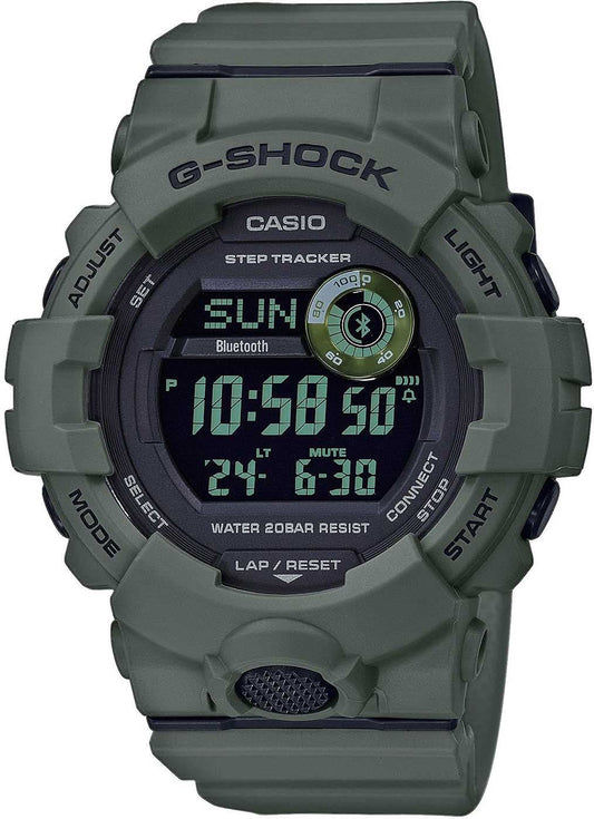 Digital herrklocka med grönt gummiband och rund display, G-SHOCK