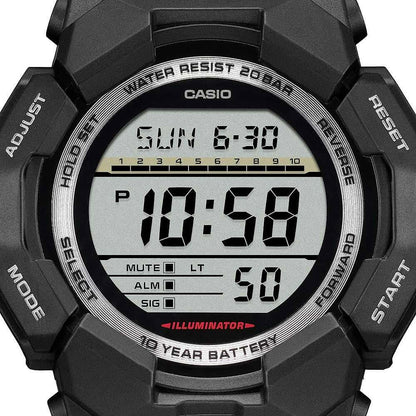 Närbild på digital G-Shock herrklocka, svart boett med stor digital display