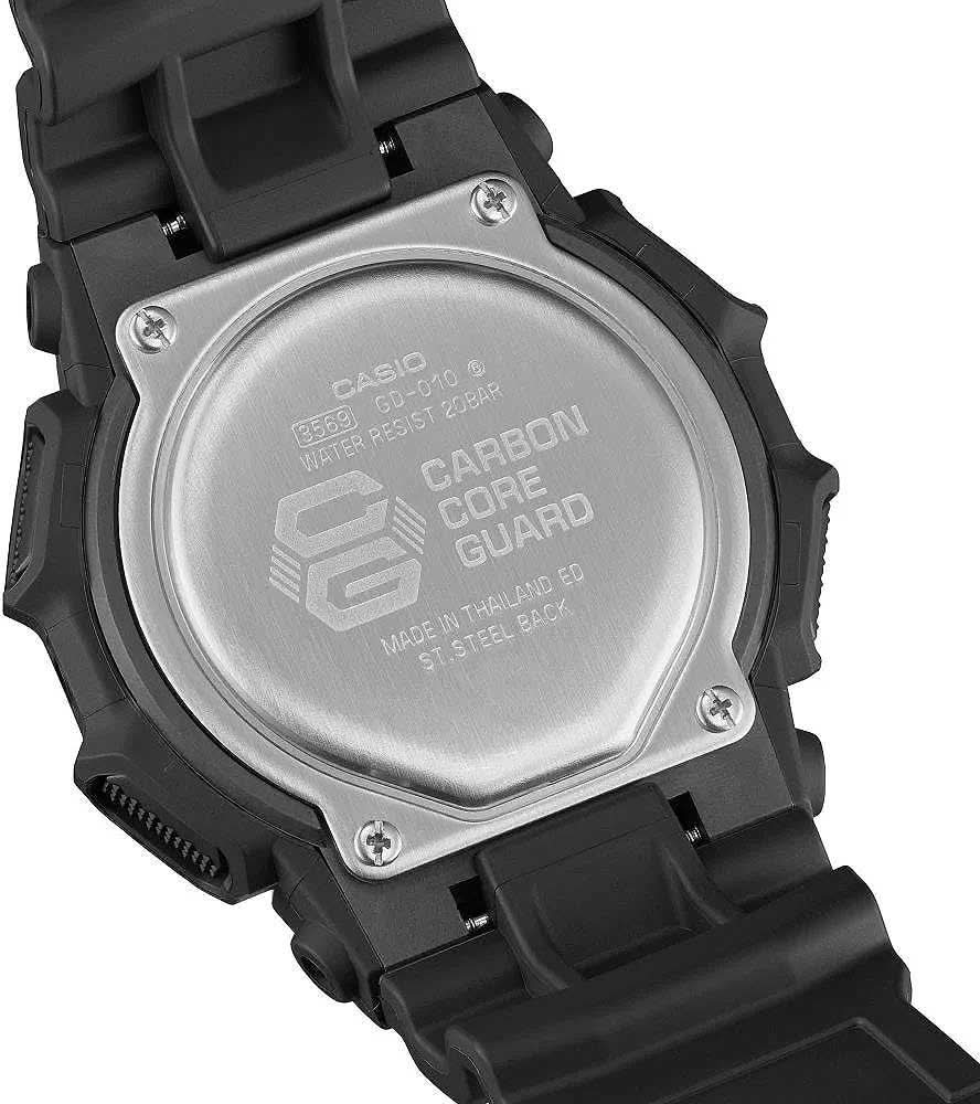 Baksidan på G-Shock digital herrklocka, metallbotten med trycket "Carbon Core Guard"