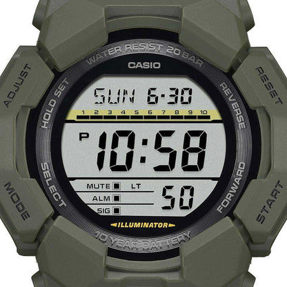 Herrarmbandsur närbild, digital display 10:58, olivgrön boett