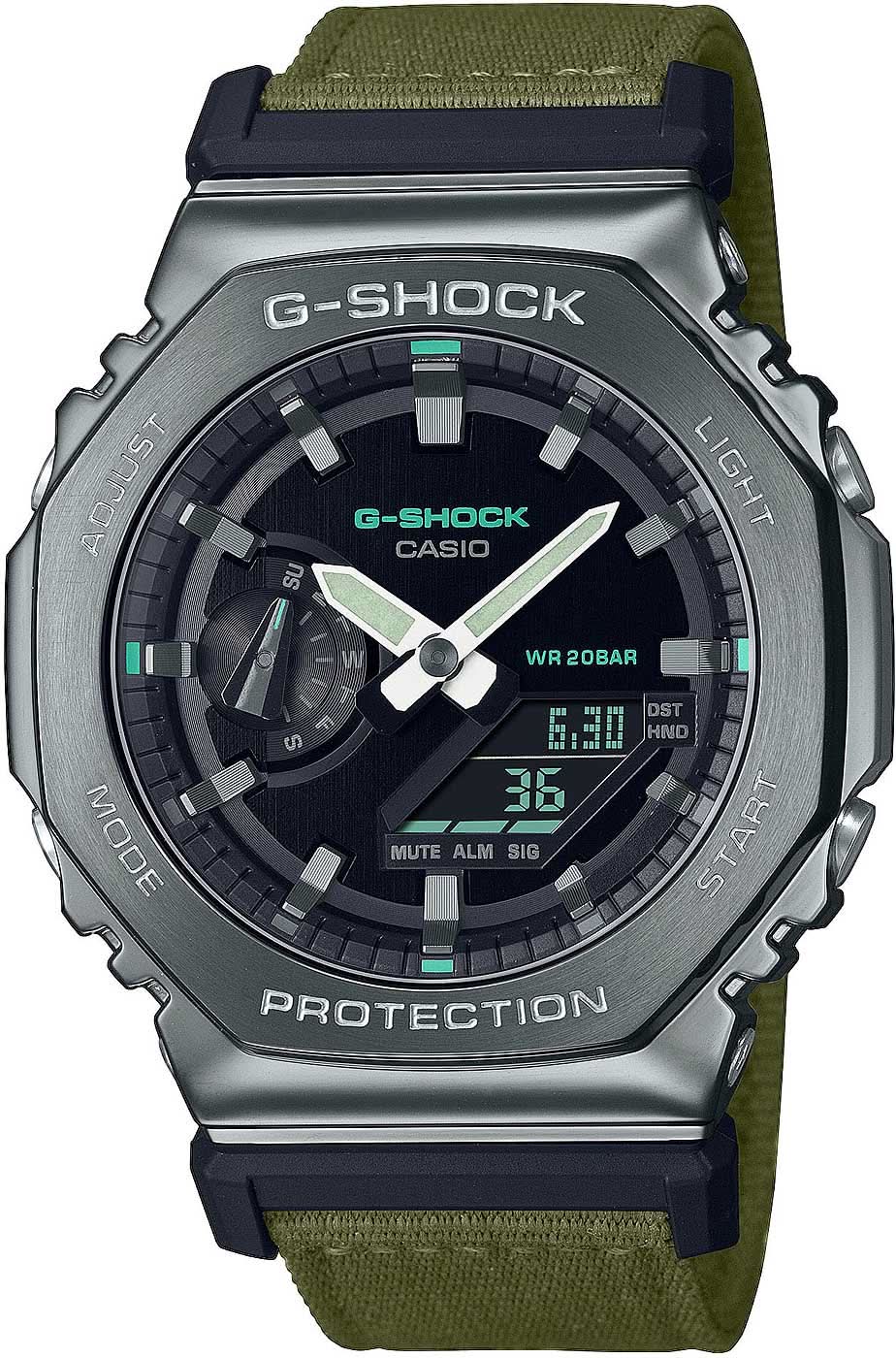 Casio G-Shock herrklocka med grönt textilarmband och svart urtavla, WR 20 BAR.