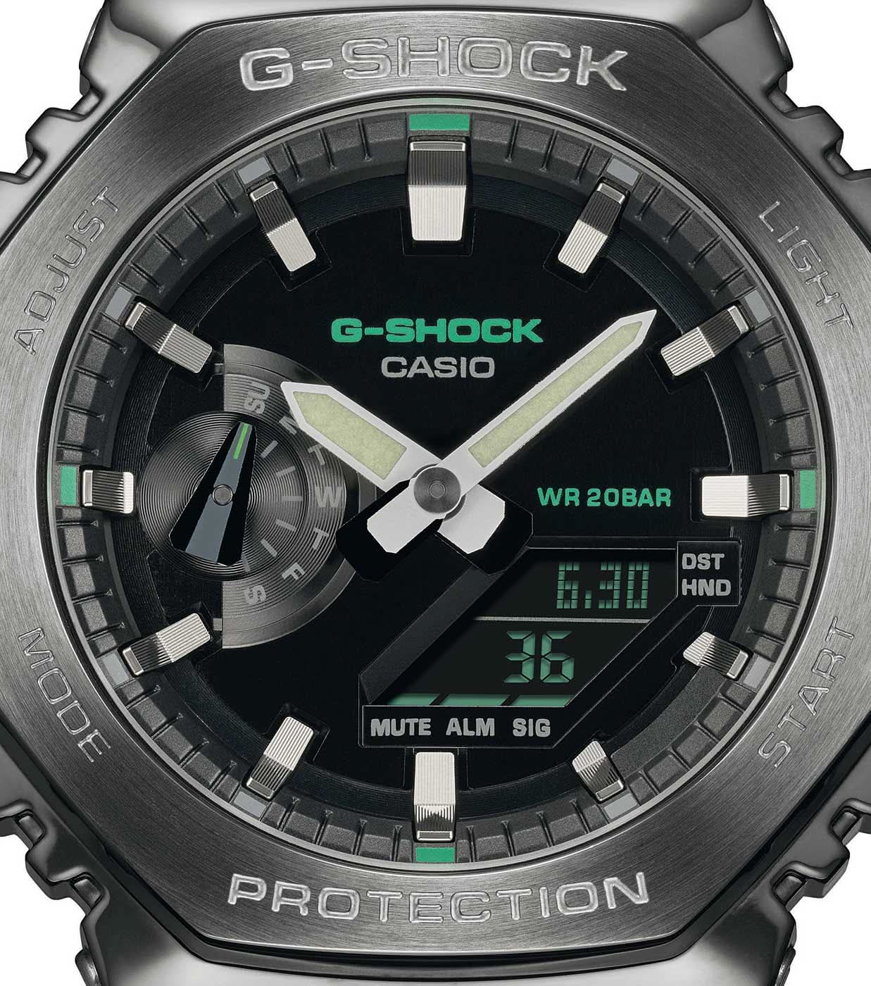 Casio G-Shock urtavla närbild, WR 20 BAR-indikator, MUTE ALT SIG, gröna accenter.