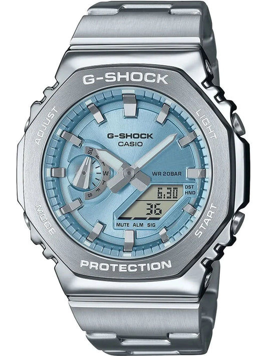 Casio G-Shock herrarmbandsur: blå urtavla, stållänk, åttkantigt boett