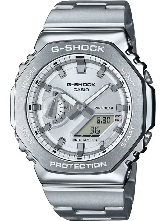 Casio G-Shock herrklocka med silverfärgat metallarmband och analog-digital display