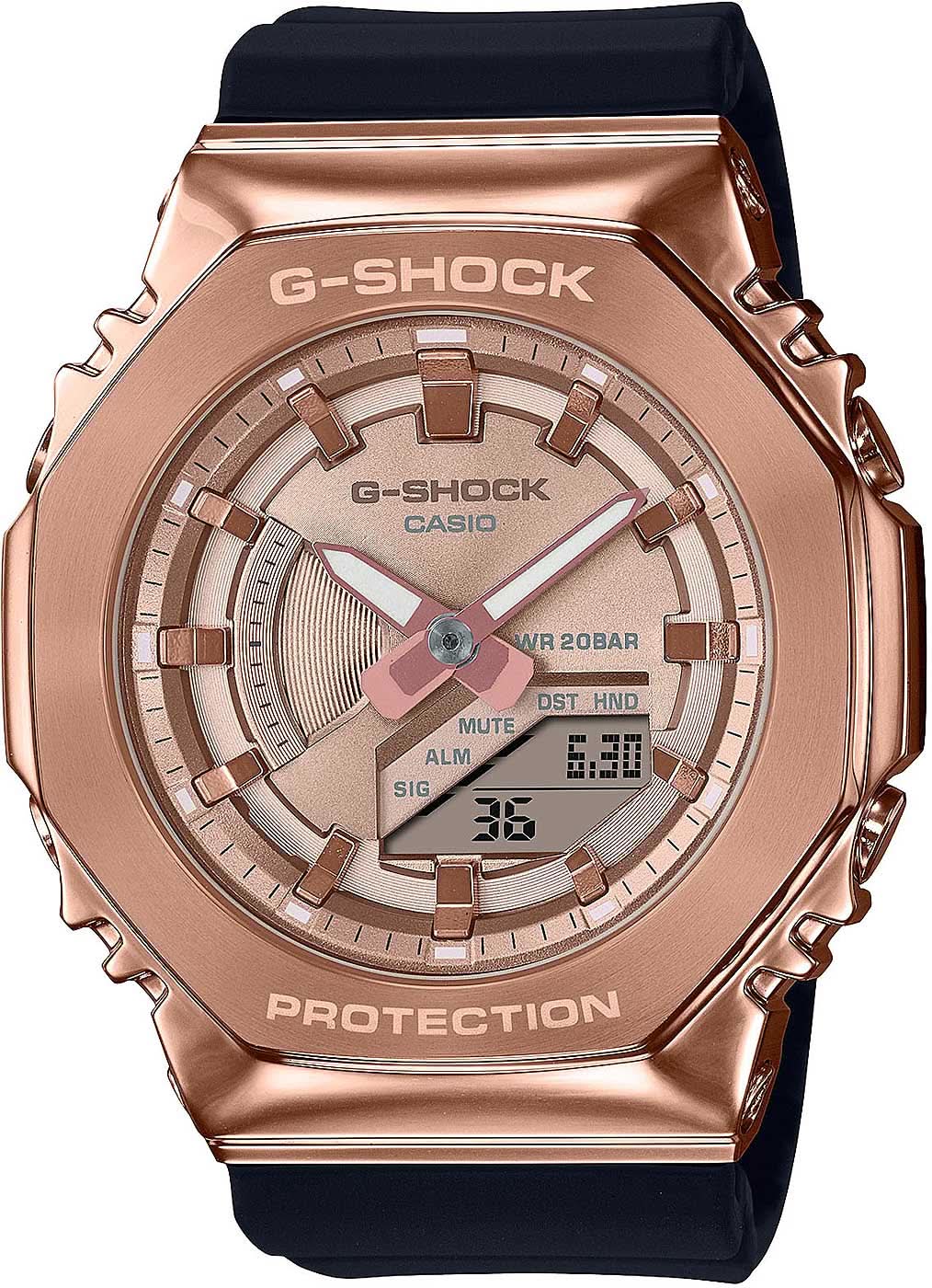 "Damklocka med roséguldpläterat hölje, svart armband och digital display"