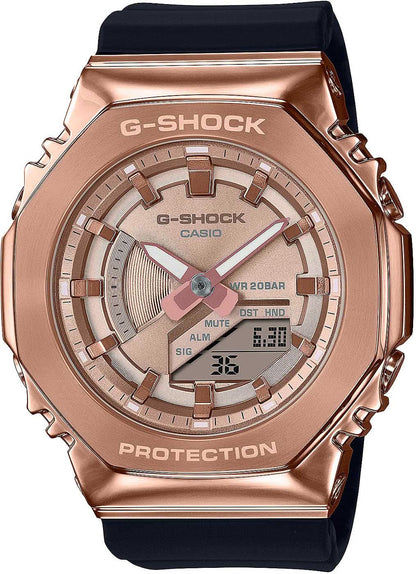 "Damklocka med roséguldpläterat hölje, svart armband och digital display"