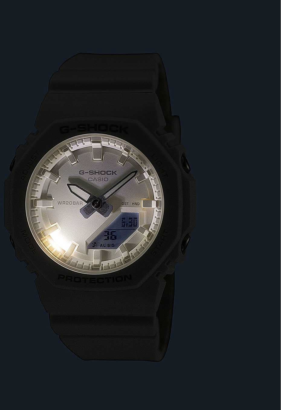 G-Shock damklocka med svart gummiarmband och rund urtavla med display