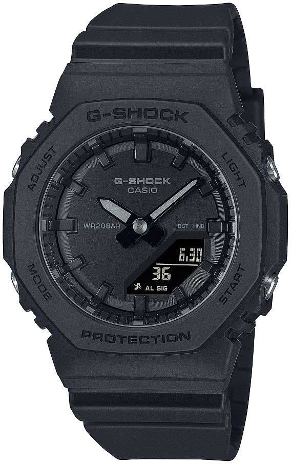 Svart G-Shock damklocka med digital display och brett gummiarmband.