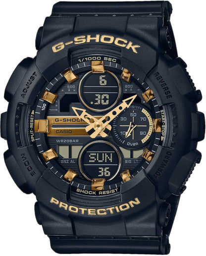 Casio G-Shock damklocka med mörkblå urtavla och gulddetaljer