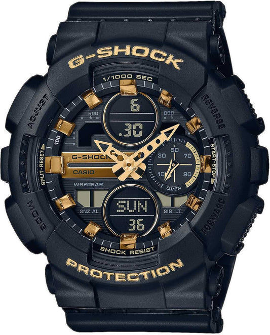 Casio G-Shock damklocka med mörkblå urtavla och gulddetaljer