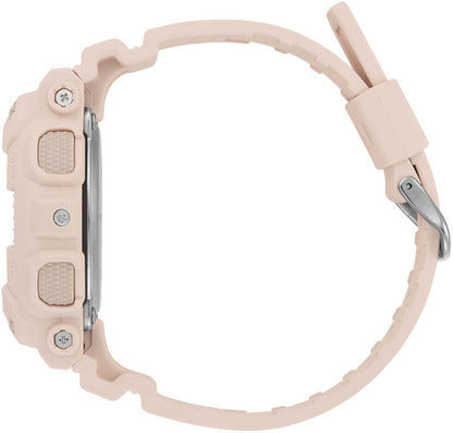 Damklocka med beige plastarmband, skyddsknappar på sidan av boetten