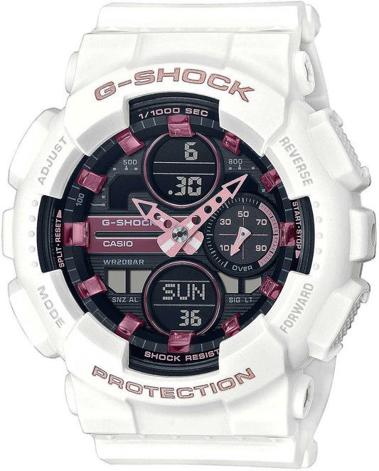 Casio G-Shock damklocka med vitt armband i plast, svart urtavla och rosa accenter