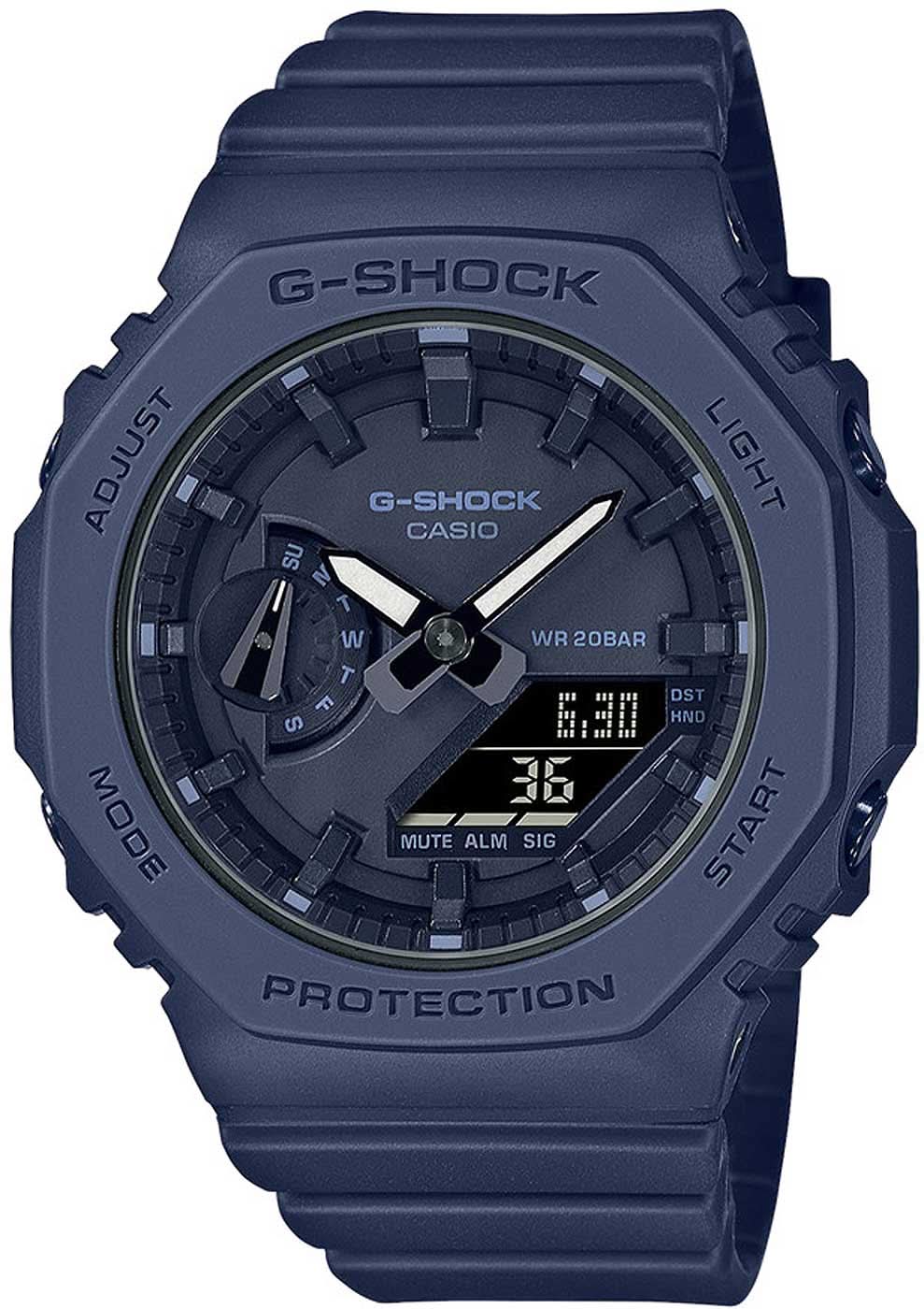 Casio G-Shock damklocka, mörkblått silikonband, rund display med indexmarkeringar