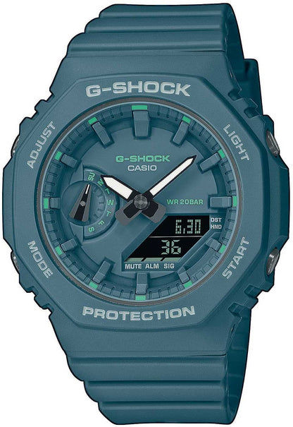 Casio G-SHOCK damklocka med blått armband och rund urtavla, digital display