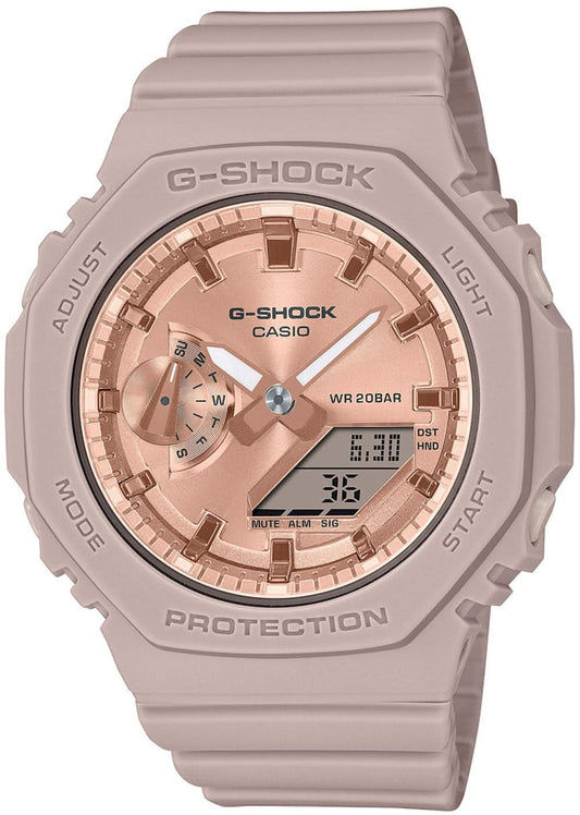 Damklocka med rund urtavla, accenter i roséguld och beige armband