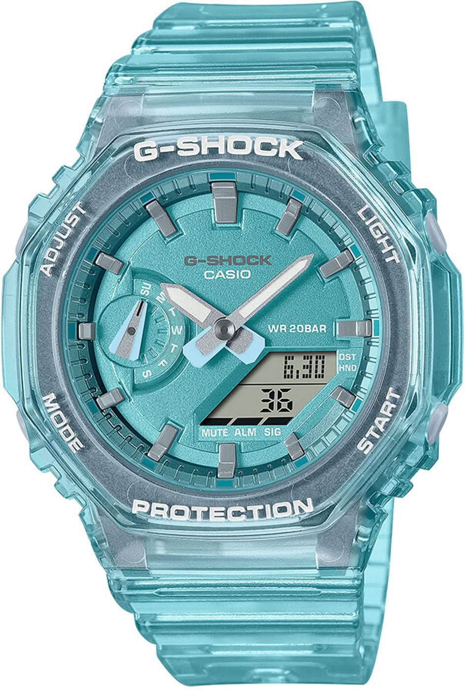 Transparent damklocka med turkos urtavla, G-SHOCK boett och armband