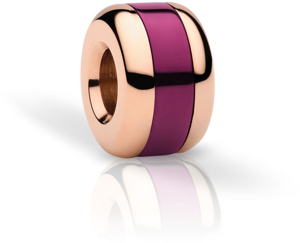 Charm i rostfritt stål med roséguldfärgad ring och lila emaljrander, cylindrisk