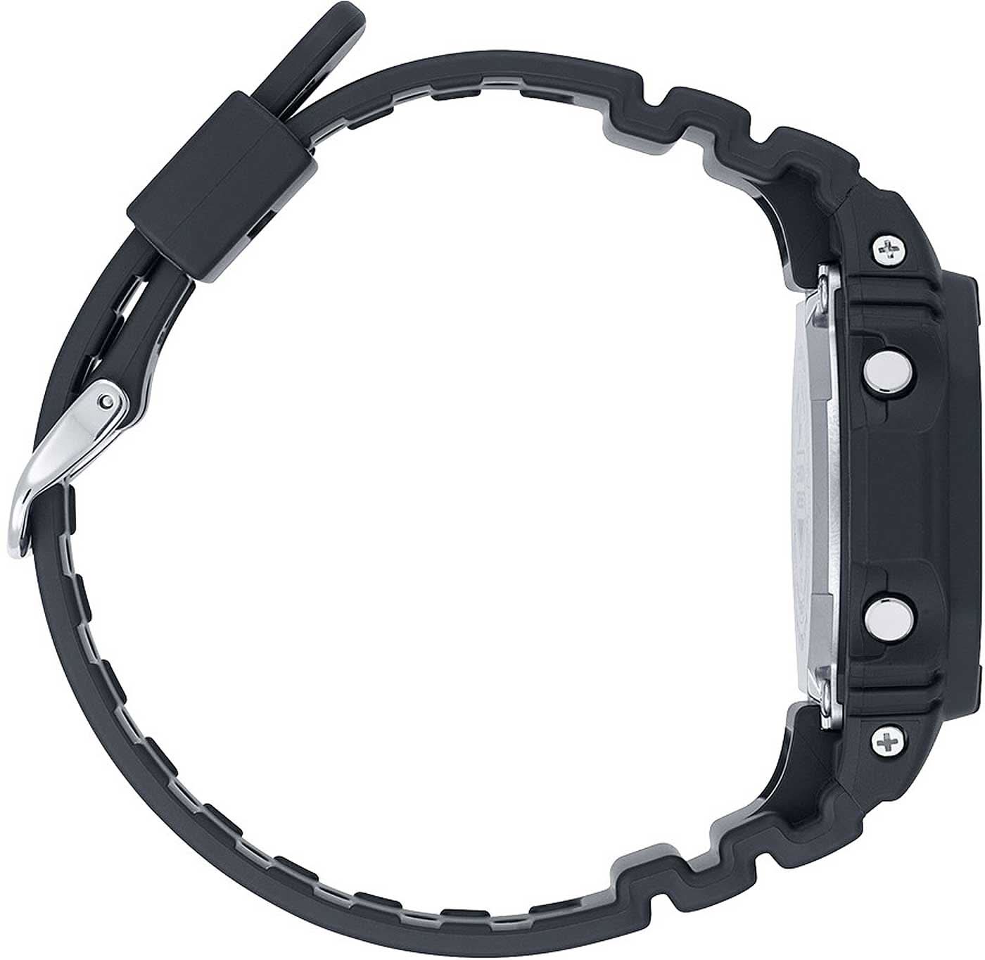 Sidovy av en herrklocka med svart boett, gummiarmband och knappar