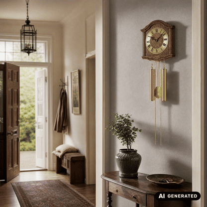 Wanduhr an der Wand: Holzgehäuse, Zifferblatt mit römischen Zahlen und goldfarbene Klangstäbe
