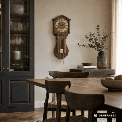 Wanduhr aus Holz mit Pendel, römischen Ziffern und Messinggewichten an Ketten
