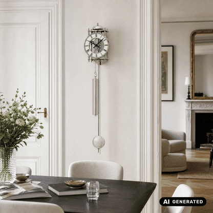 Pendeluhr mit rundem Aluminium-Ziffernring, Kette und Pendelkugel