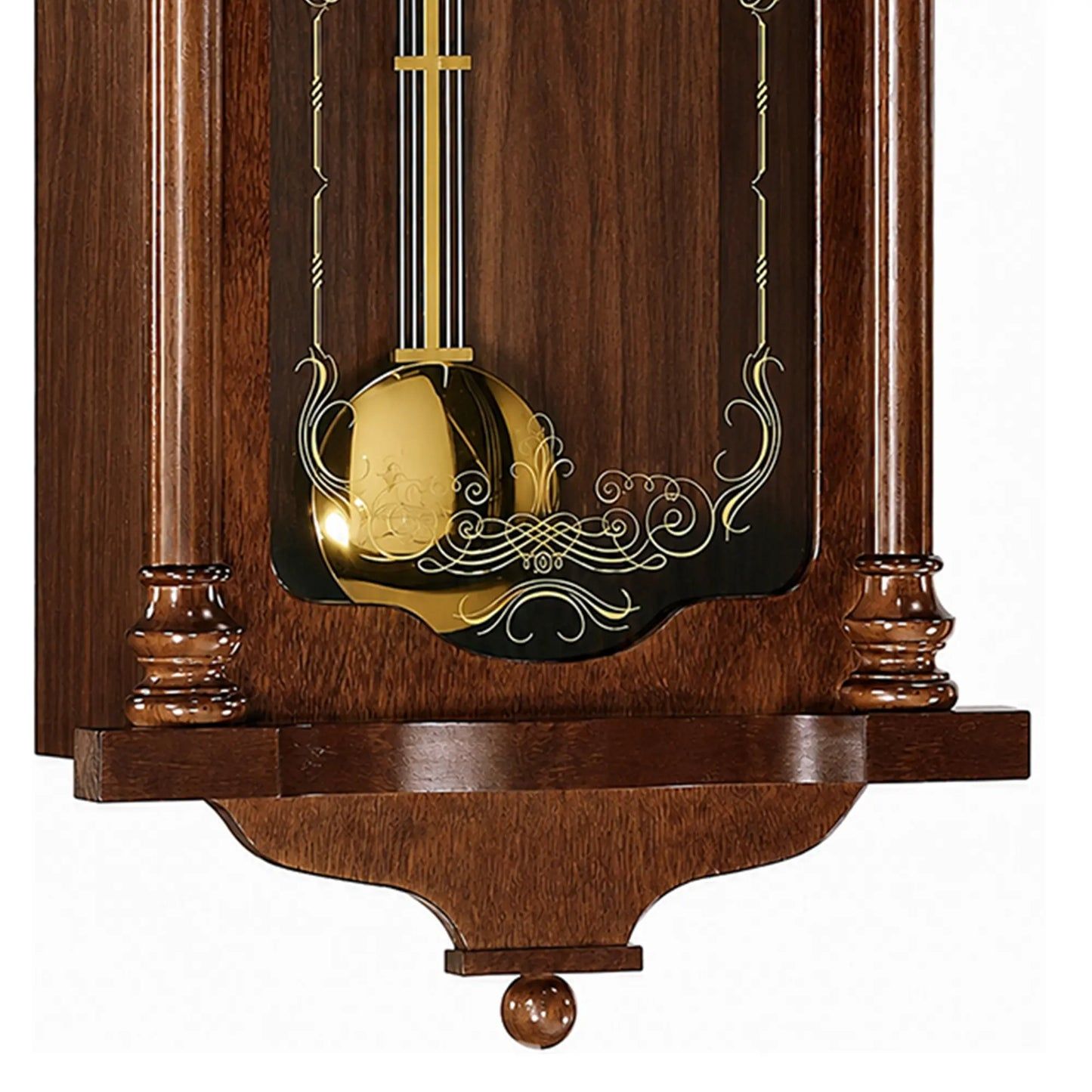 Wanduhr-Unterteil aus dunklem Holz mit goldenem Pendel und dekorativen Ornamenten
