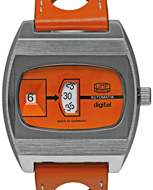 Herrklocka med silverfärgat rostfritt stålhölje, orange band och digital display