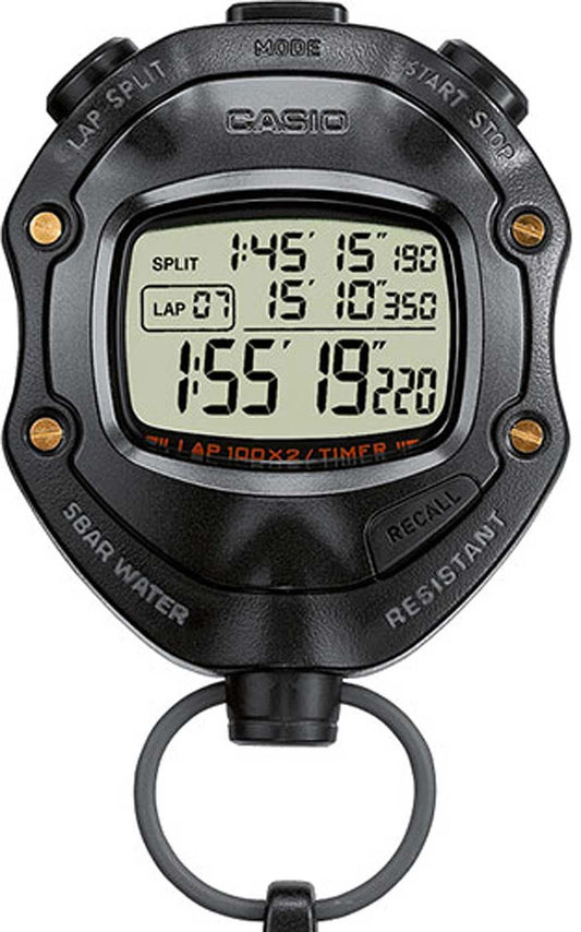 Casio digital stoppur, svart rund form med LCD-display och knappar