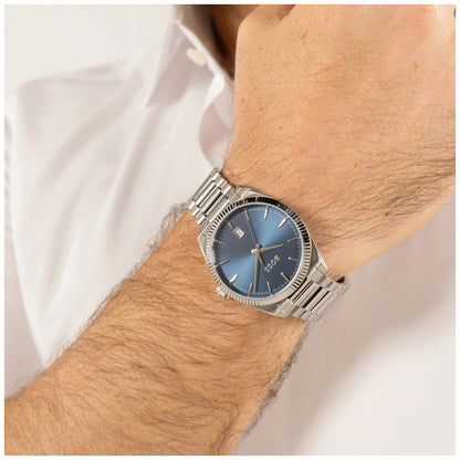 BOSS Herrenuhr am Handgelenk, blaues Zifferblatt und Edelstahlarmband mit Gliederung