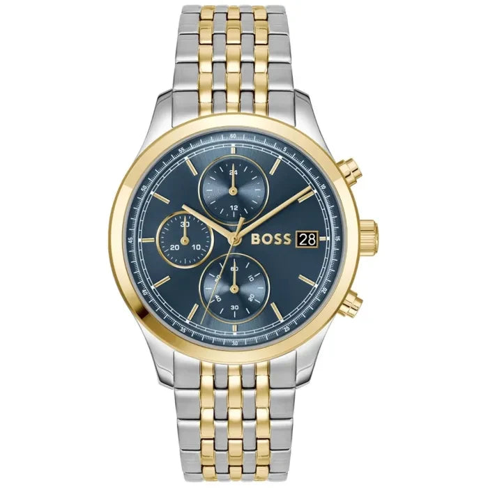 Herrenarmbanduhr BOSS Stratus zweifarbiges Edelstahlband, blaues Chronograph-Zifferblatt mit Datum