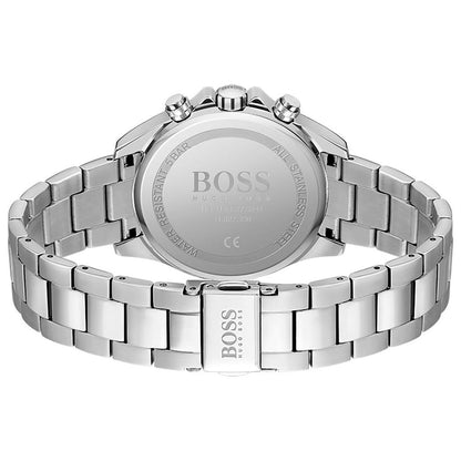 Edelstahl-Armbanduhr, Rückseite mit BOSS-Schriftzug und Gliederarmband