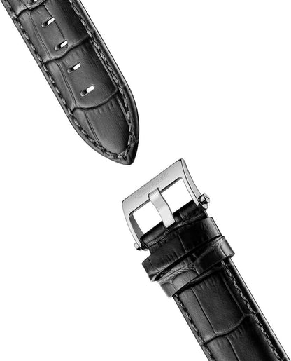 Herrklocka med läderarmband och spänne, svart läder med stickningar