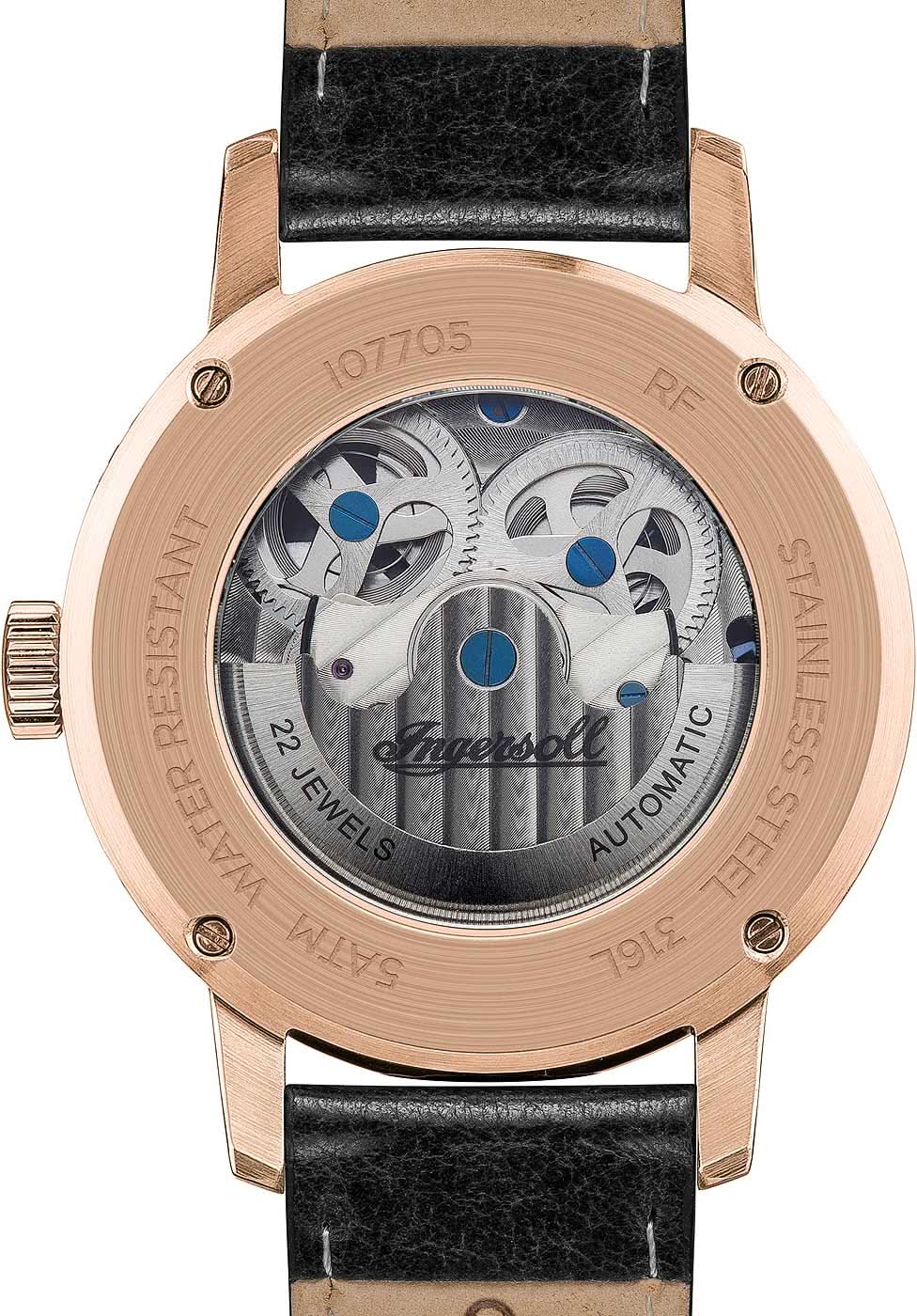 Automatisk herrklocka med roséguldpläterad boett och svart läderarmband