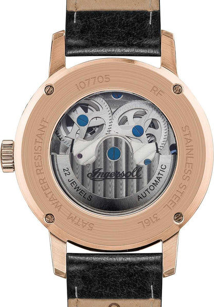 Automatisk herrklocka med roséguldpläterad boett och svart läderarmband