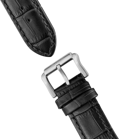 Herrklocka med svart läderarmband, spänne och silverfärgade detaljer