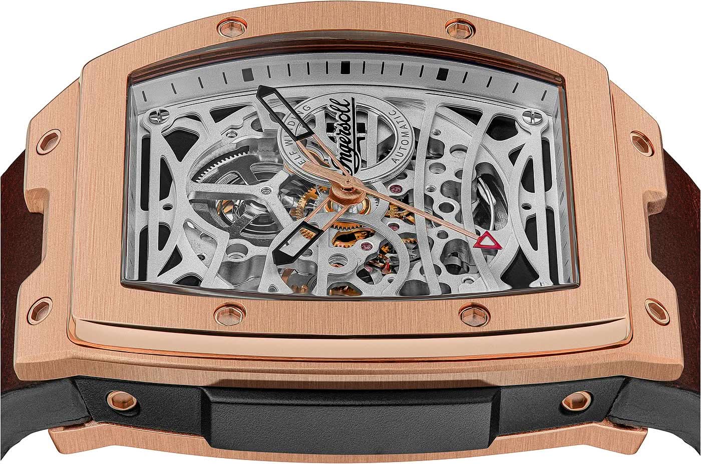 Herrklocka: roséguldpläterat hölje med exponerat urverk och visningsfönster