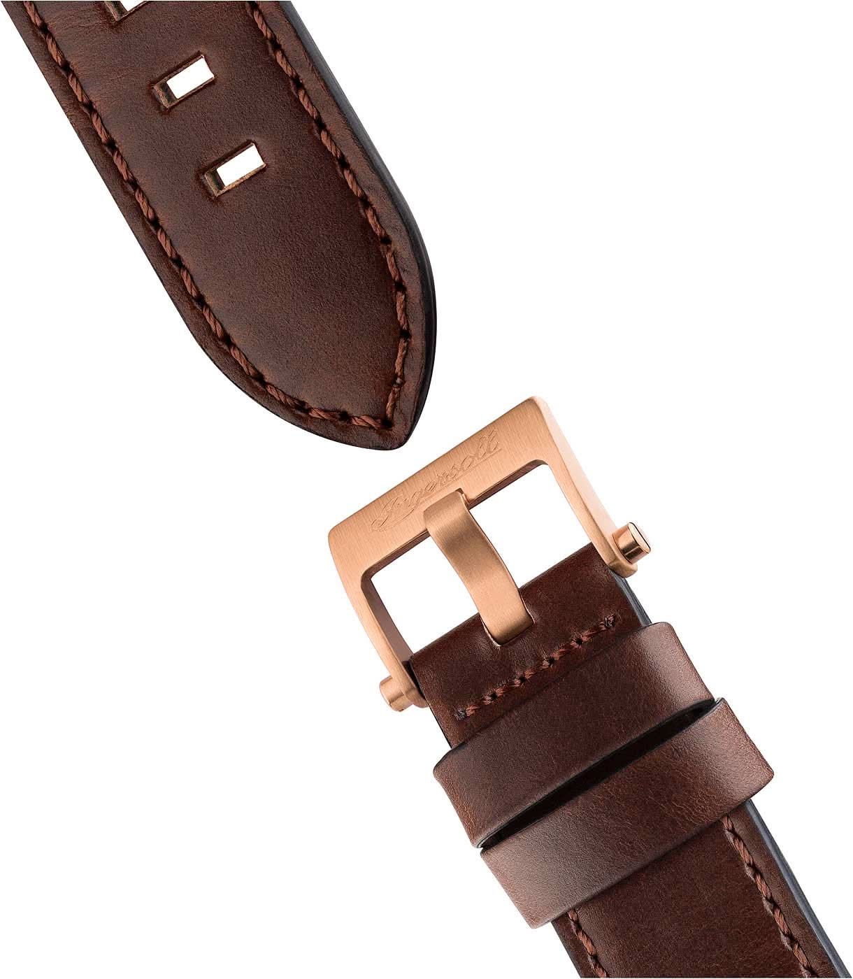 Brunt läderarmband till herrklocka med metallspänne och dekorativ söm