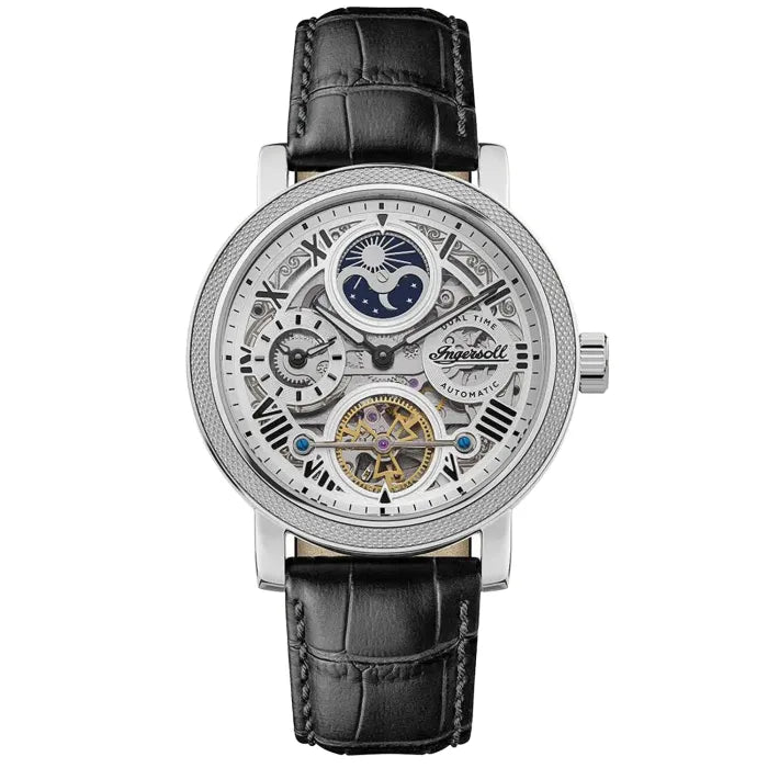 Herren-Armbanduhr mit Skelett-Automatikwerk, Mondphasenanzeige, schwarzem Lederband